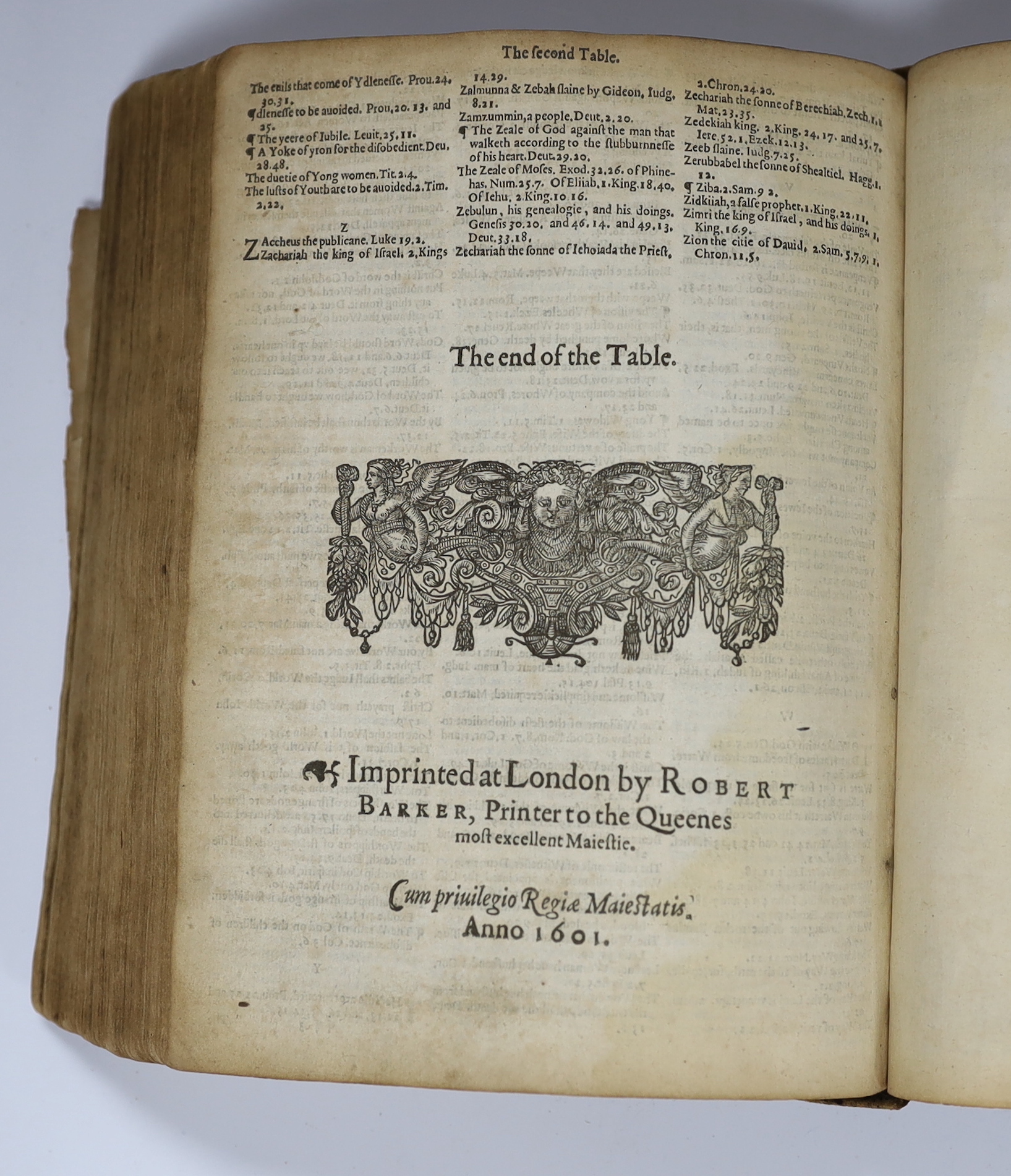 Bible - Robert Barker's Geneva Version of 1601, but lacking general title. (The Bible:that is, the Holy Scriptures conteined in the Old and New Testaments...). head and tailpiece decorations, decorated initial letters, d